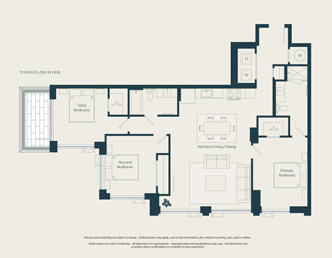 Floor plan for 3 beds, 2 baths, 1231 sqft